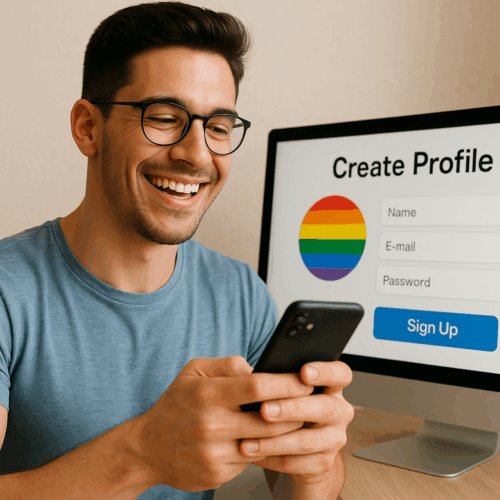 Man, there's a profile created with the mobile phone behind him, a computer, and the screen says "create profile".