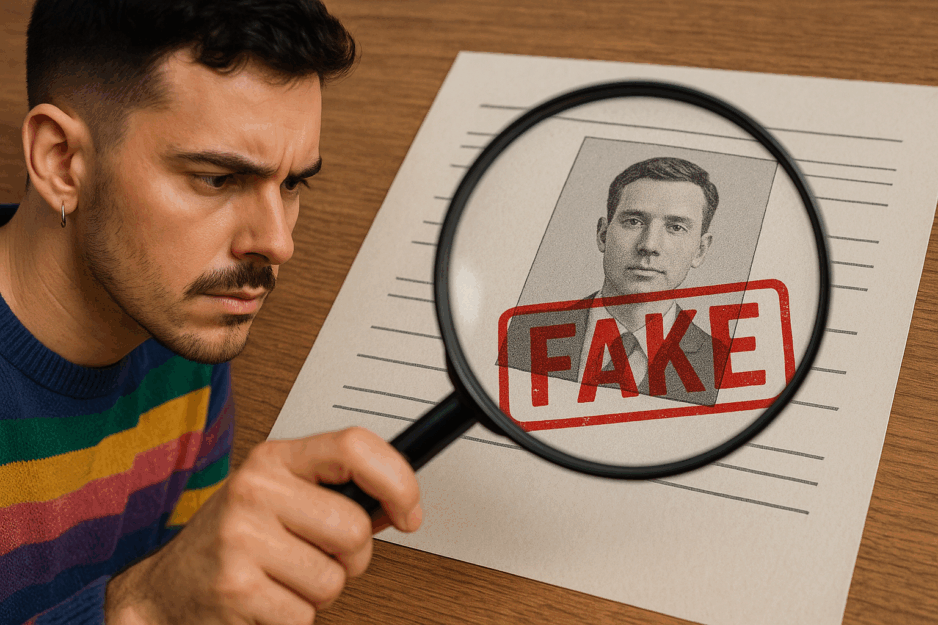 Gay man with a magnifying glass looking, but under the magnifying glass there is an image of a man that says "fake".