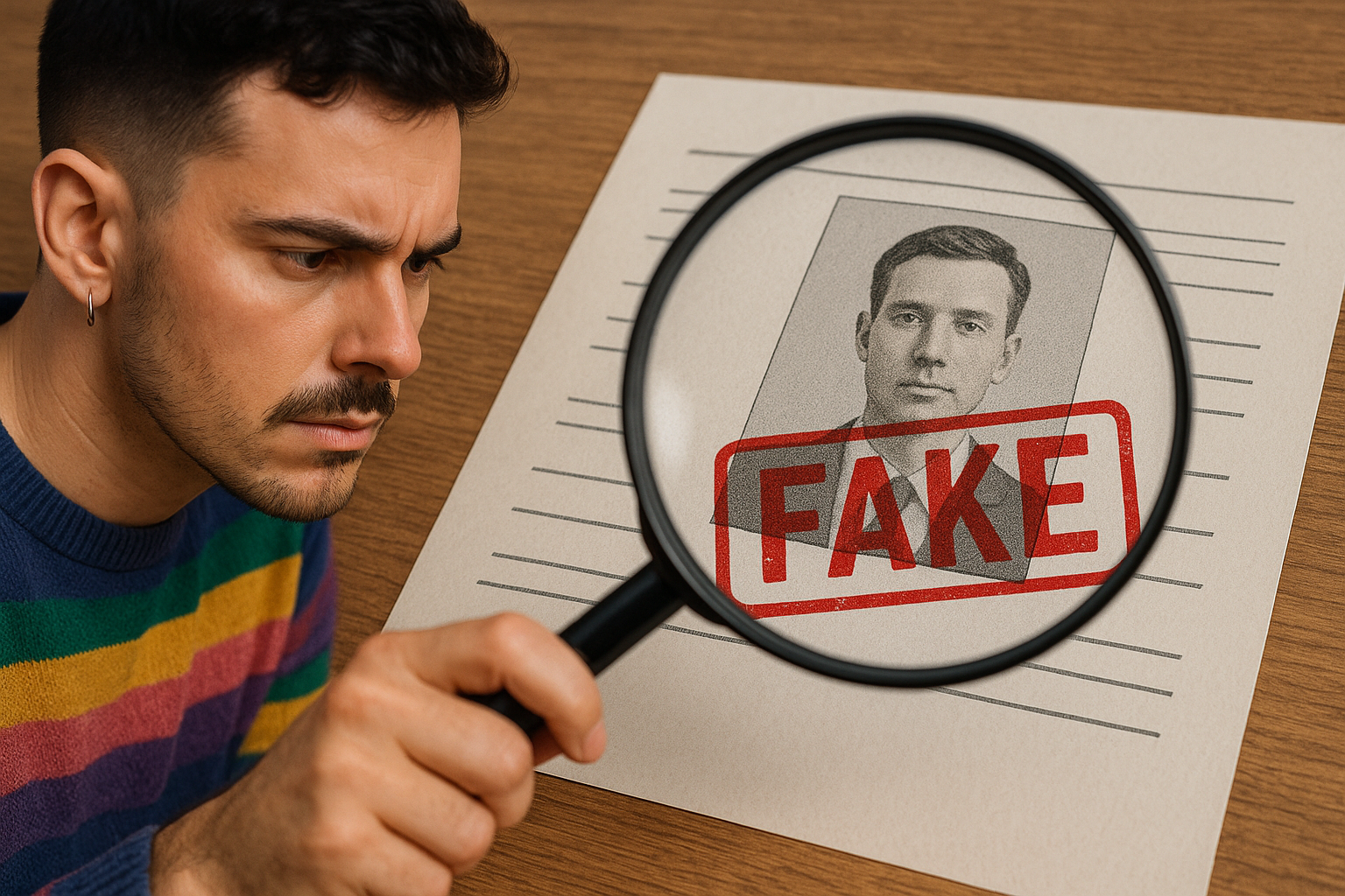 Gay man with a magnifying glass looking, but under the magnifying glass there is an image of a man that says "fake".