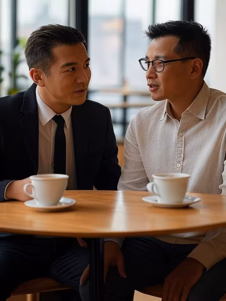 Two professional well-dressed men having coffee and conversation at modern upscale cafe, natural lig