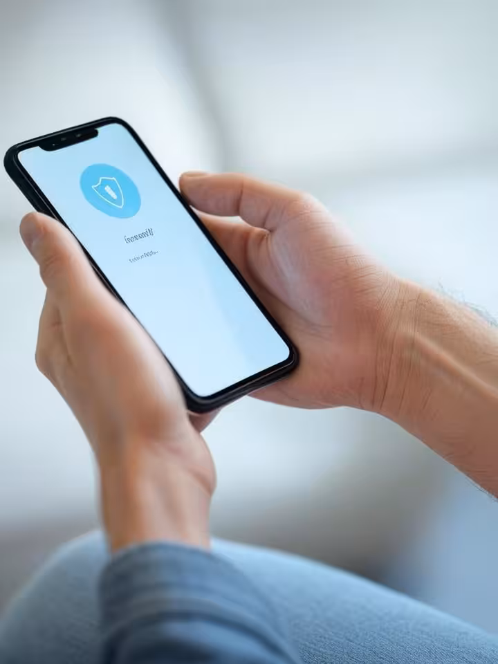 Close-up of hands holding smartphone with dating app profile verification screen, security shield ic