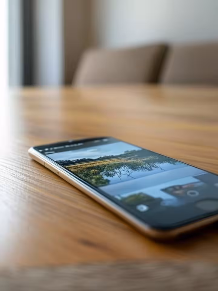 Elegant smartphone lying on wooden table displaying photography app interface, soft natural window l