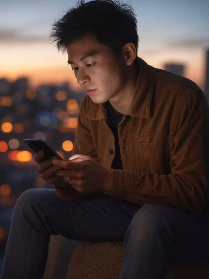 Young man looking thoughtfully at his phone in a contemporary urban setting, contemplative expressio