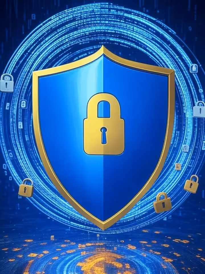 Abstract conceptual illustration of digital financial security with shield symbols, encrypted data s