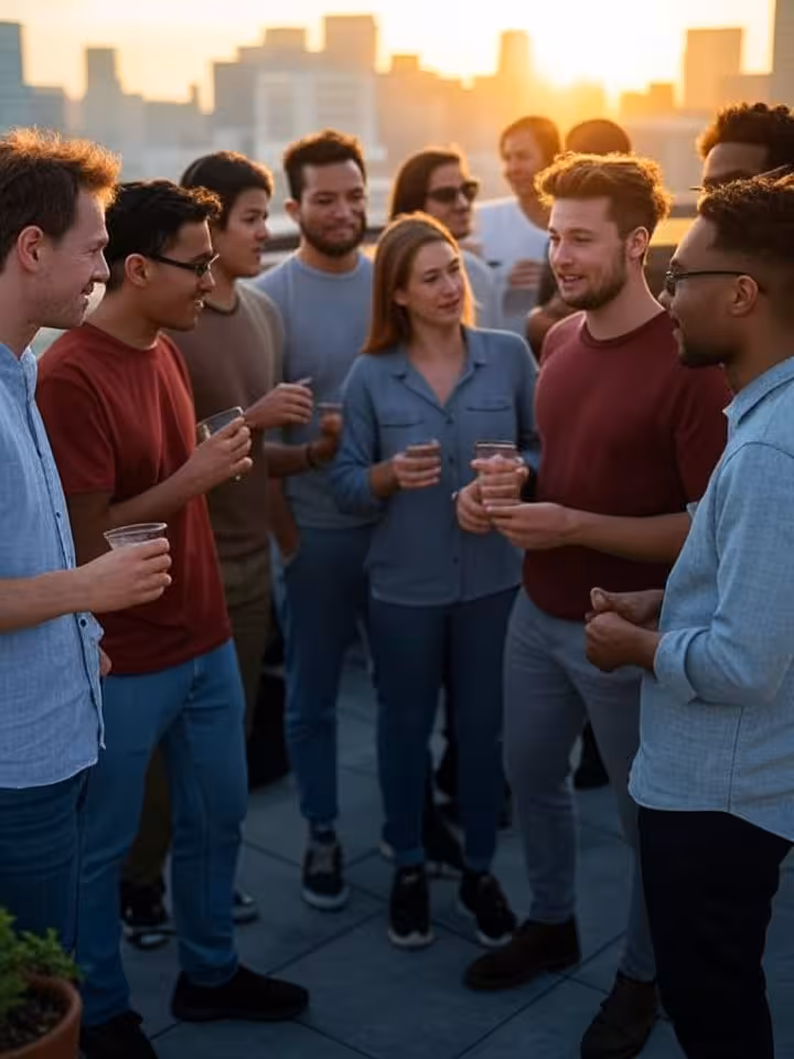 Diverse group of LGBTQ friends socializing at outdoor rooftop bar during sunset, cosmopolitan city s