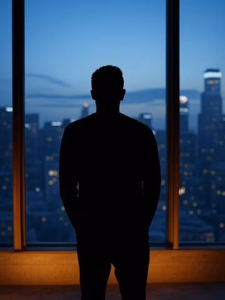 Silhouette of man standing alone looking at city skyline through window, contemplative mood, blue ho