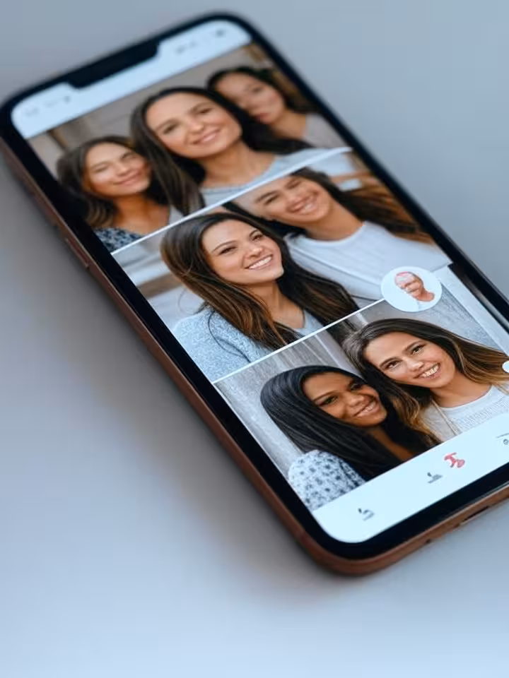 Modern smartphone screen showing dating app profile with multiple quality photos, clean interface de