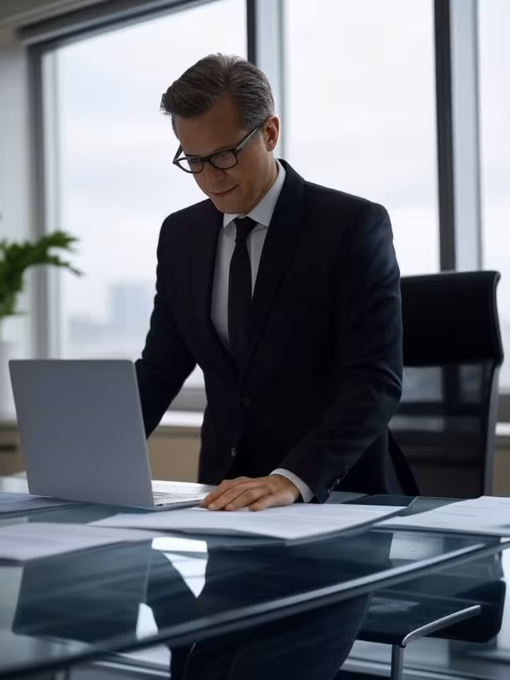 Elegant businessman reviewing documents at modern desk with laptop, professional office environment,