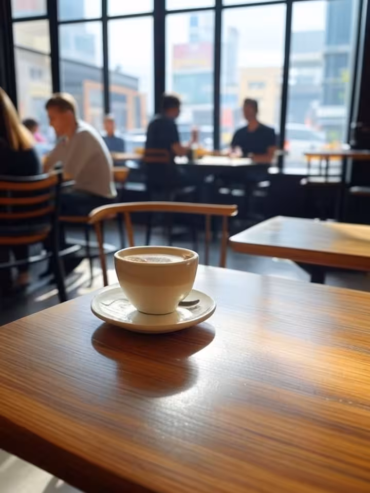 Safety and security concept: public meeting space, coffee shop interior, people in background, dayti