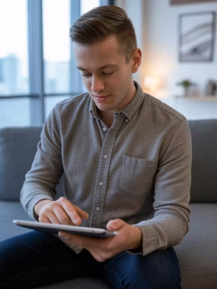 Young professional man updating social media profile on tablet, contemporary lifestyle imagery, thou