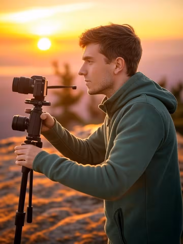 Young man adjusting camera on tripod at scenic outdoor location, golden hour sunset lighting, active