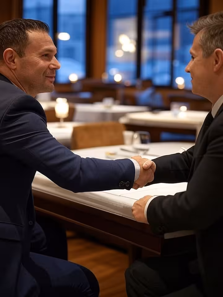 Two men shaking hands in agreement at stylish restaurant, professional business meeting atmosphere, 