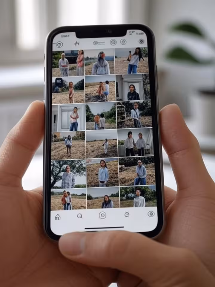 Instagram mobile interface mockup showing curated profile grid, lifestyle photos displayed on smartp