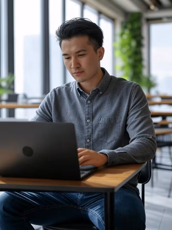 Young professional man working on laptop in stylish co-working space, focused on personal developmen