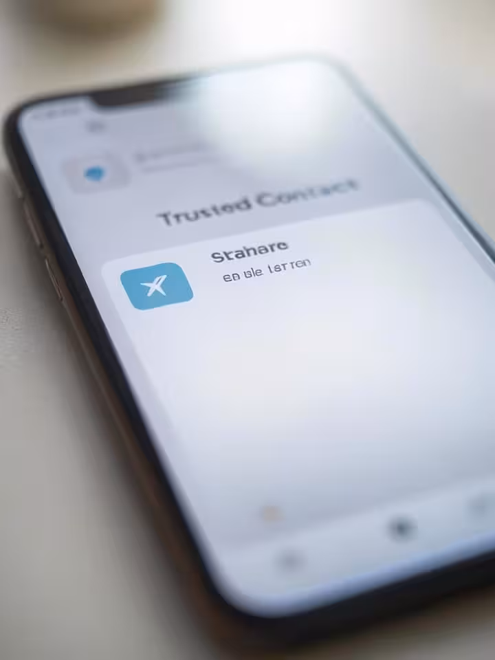 Modern smartphone displaying location sharing app with trusted contact notification, clean minimal i