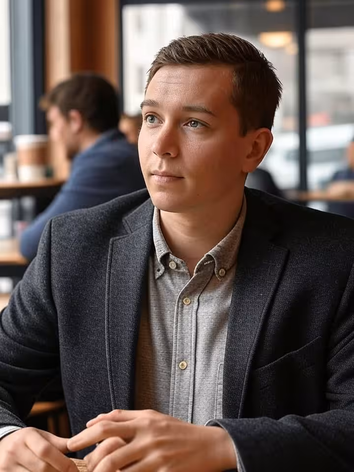 young professional man in modern coffee shop with laptop, natural window lighting, candid moment, ur