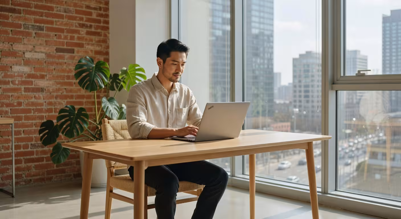 Young professional man working on laptop in modern minimalist apartment, natural window light, comfo
