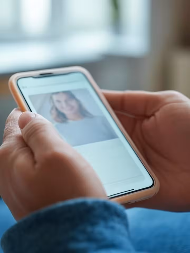 hands holding smartphone with dating app interface, close-up shot, modern technology lifestyle, natu