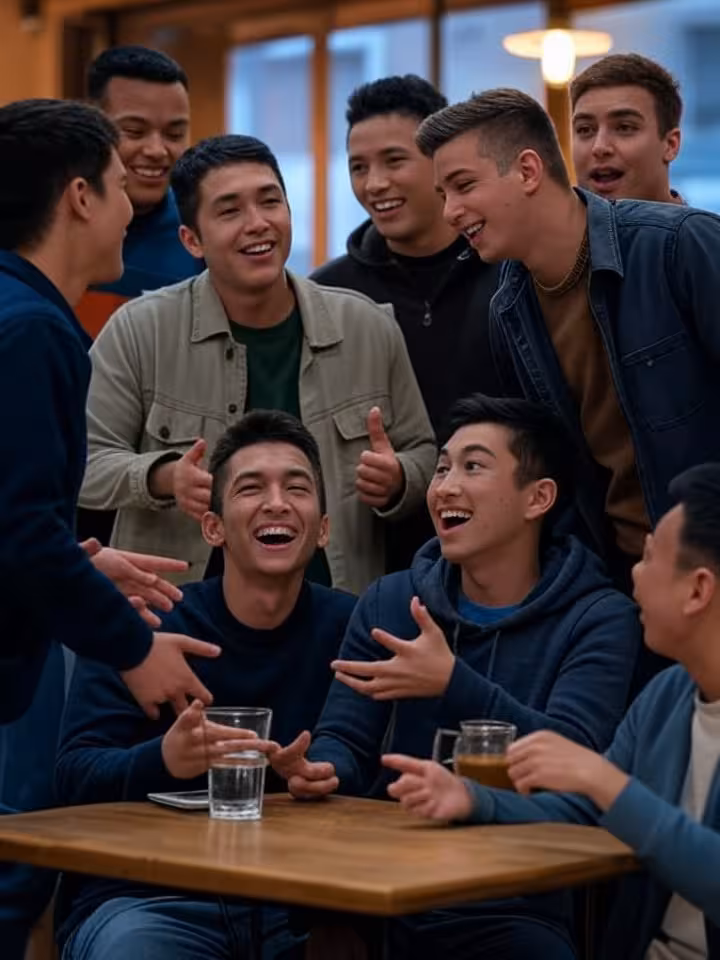 Diverse group of young men in casual setting having animated discussion, supportive body language, c