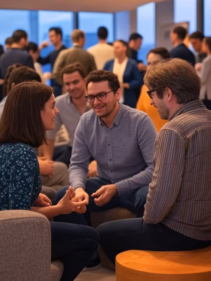 diverse group of people at social networking event, modern interior, warm lighting, authentic intera