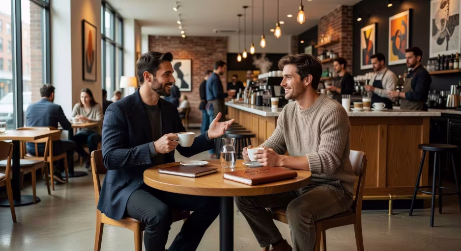 Two stylish men having coffee conversation in upscale urban cafe, natural lighting, modern interior
