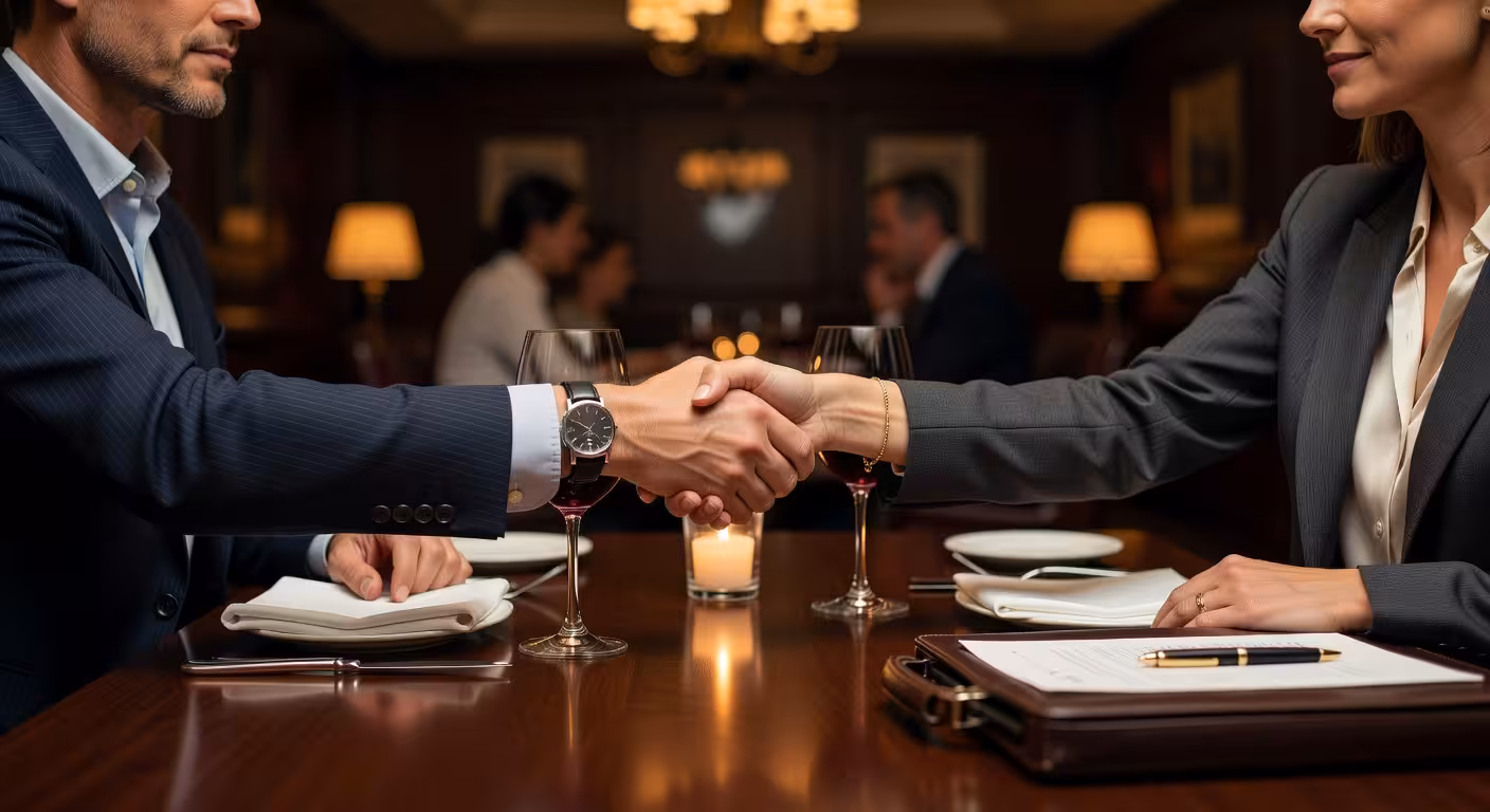 Close-up of two hands shaking across elegant restaurant table, business casual attire, soft ambient 